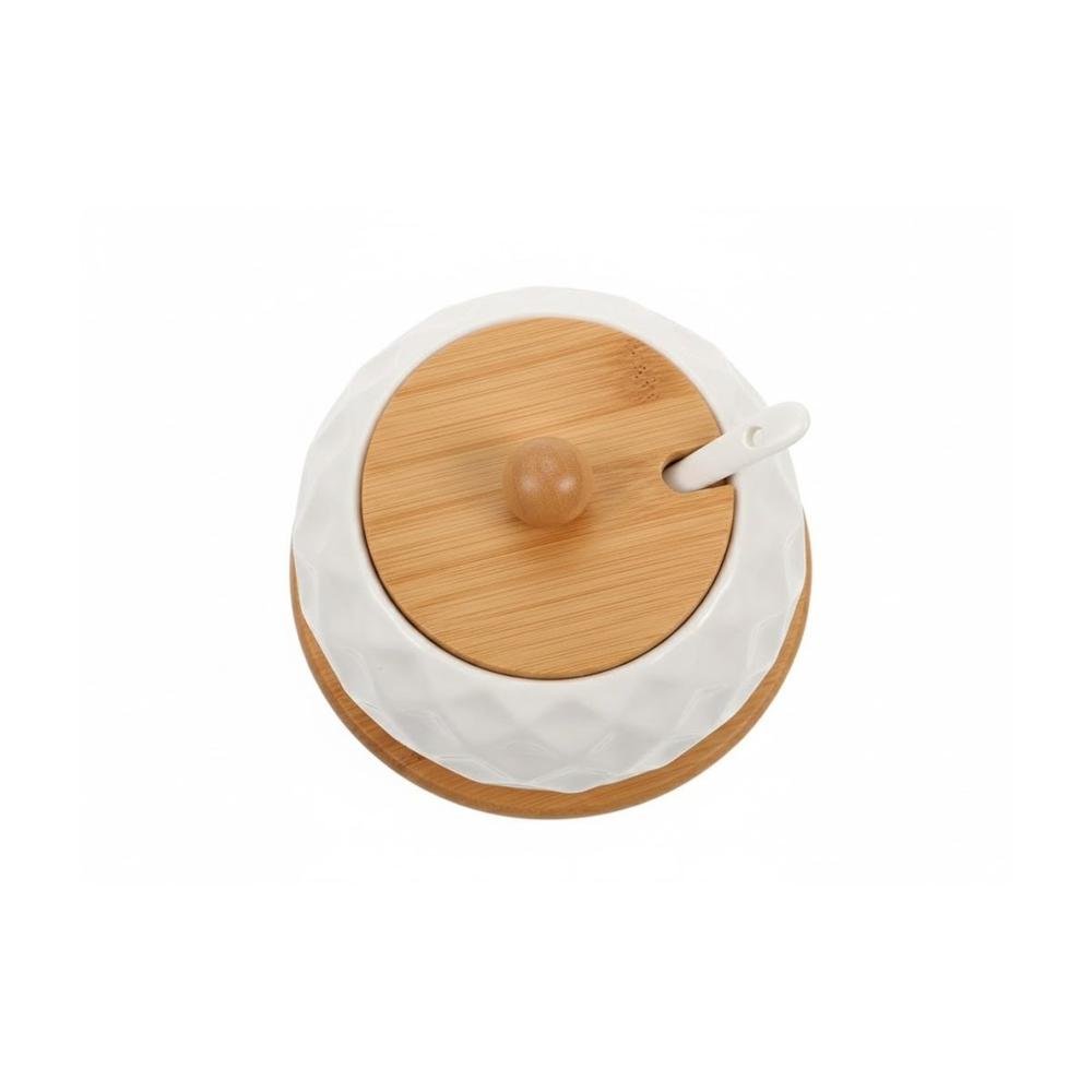 Recipiente Circular 500ml con Base de Color Blanco Tapa de Bambu y Cuchara Y Regalo Sticker