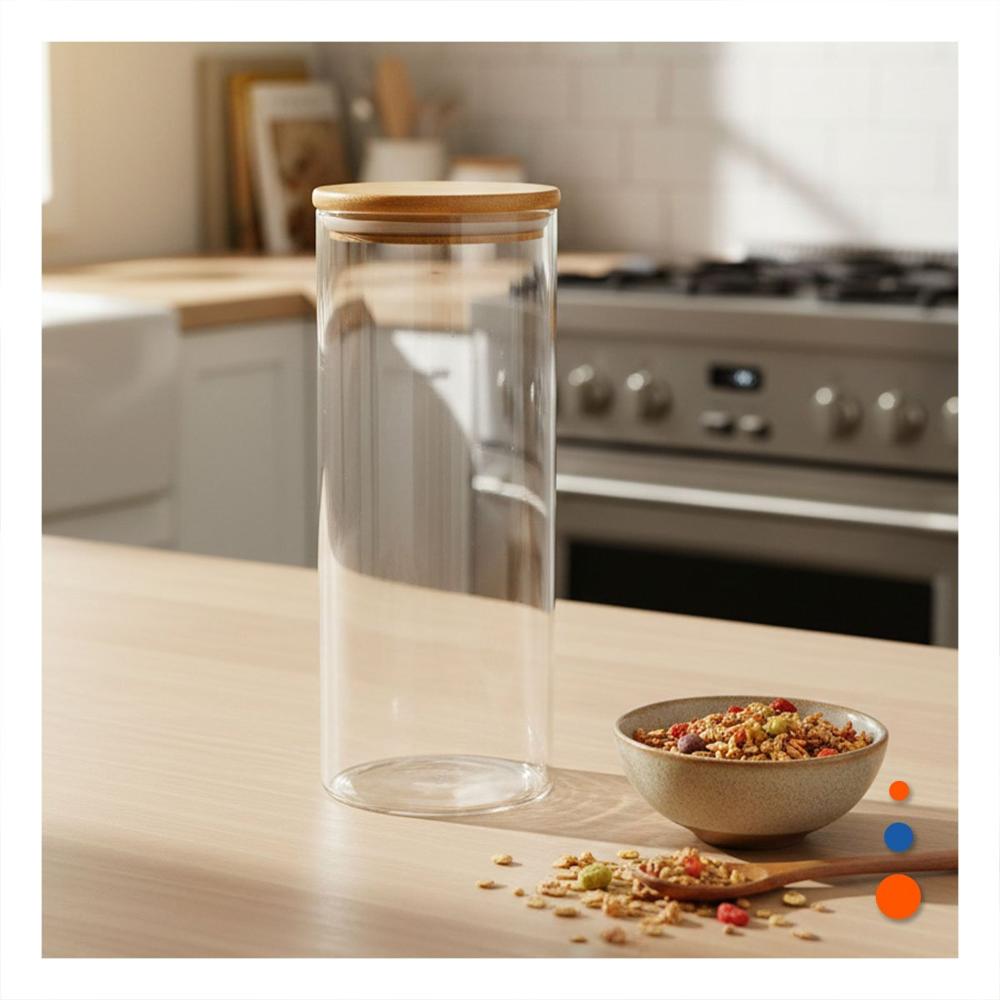 Bote de Vidrio Circular 700ml Transparente con Tapa Madera para Hogar y notas