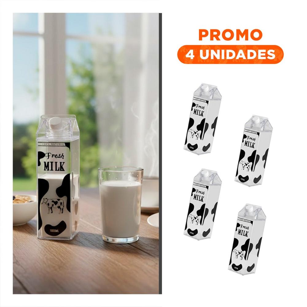 Pack4 Botella de Leche Negro Transparente para un Desayuno con mucha Gana
