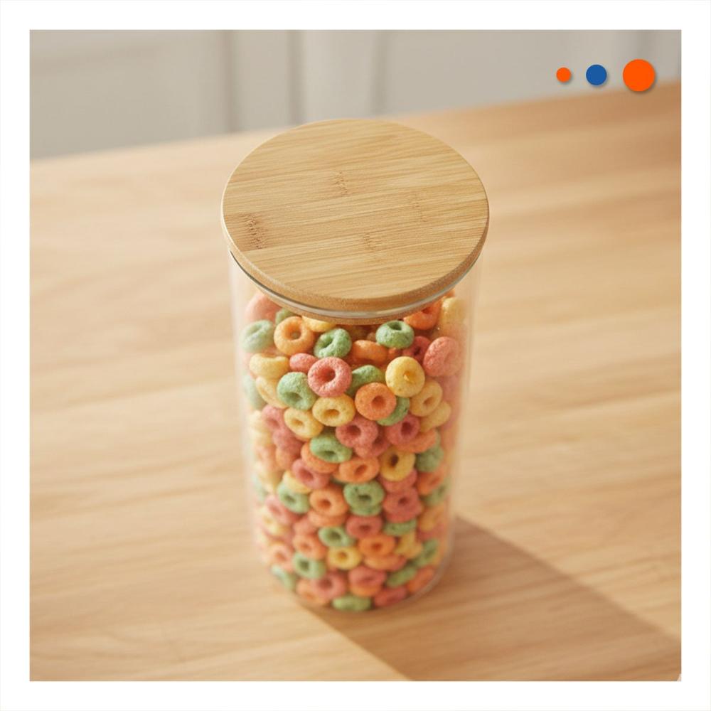 Recipiente de Vidrio Circular 700ml Transparente con Tapa Madera para Cocina Y Papel Regalo