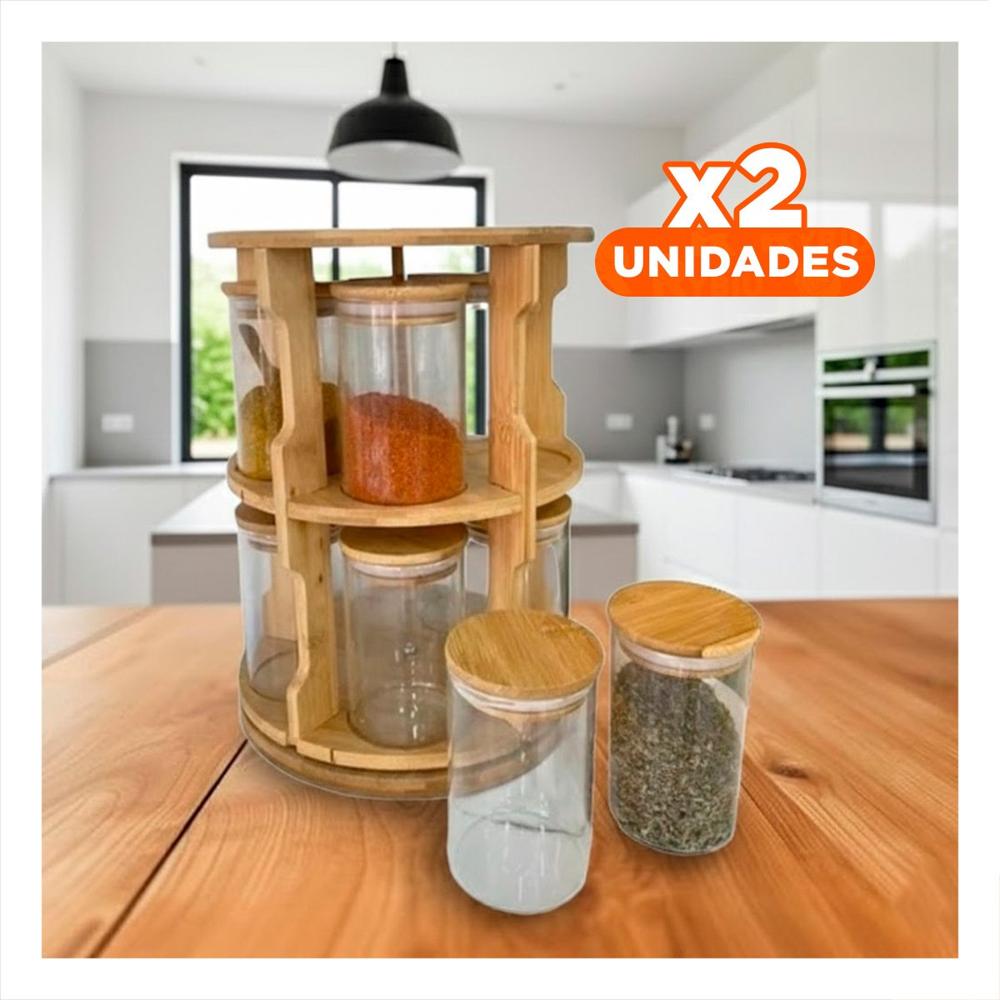 Pack2 Especiero Circular de Madera Giratorio con 10 Frascos y Diseño Elegante