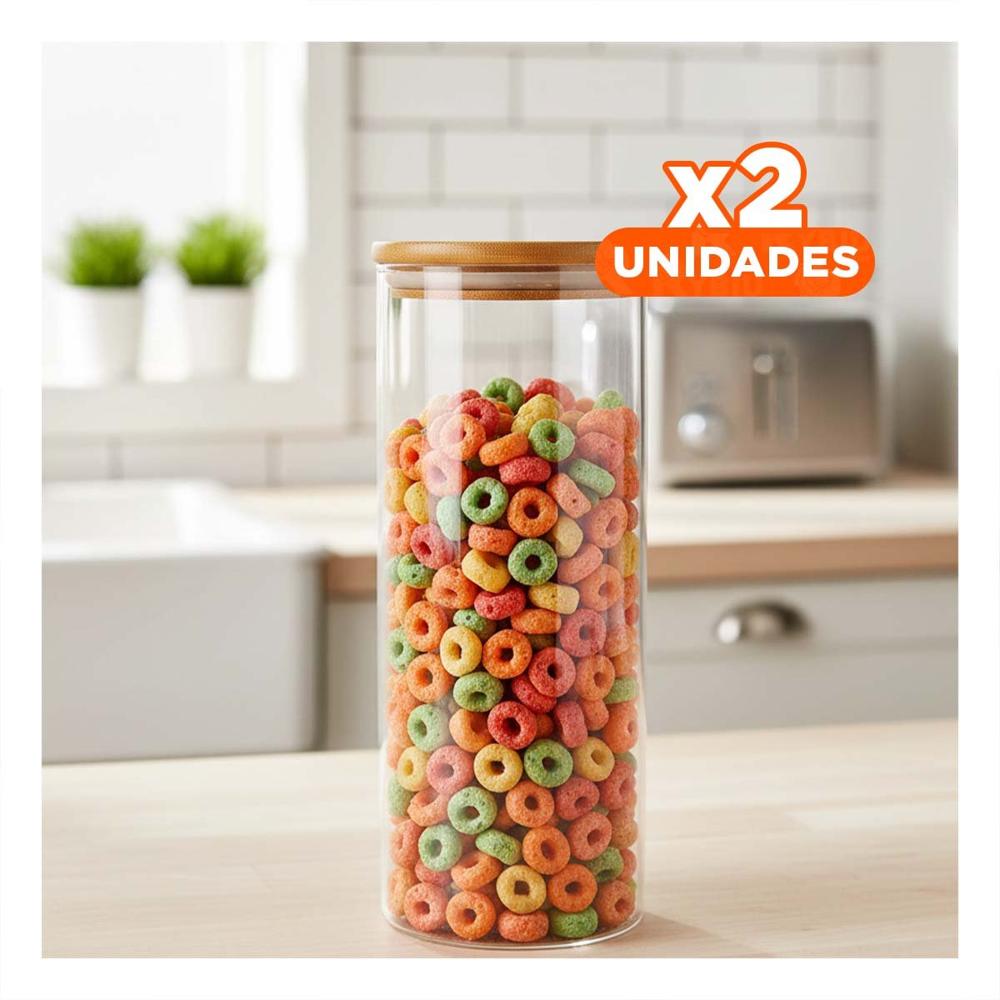 Pack2 Deposito de Vidrio Circular 700ml Transparente con Tapa Madera Cocina Y Papel Regalo
