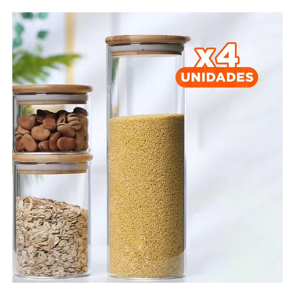 Pack4 Organizador de Vidrio Circular 700ml Transparente con Tapa Madera Cocina Y Regalo Sticker
