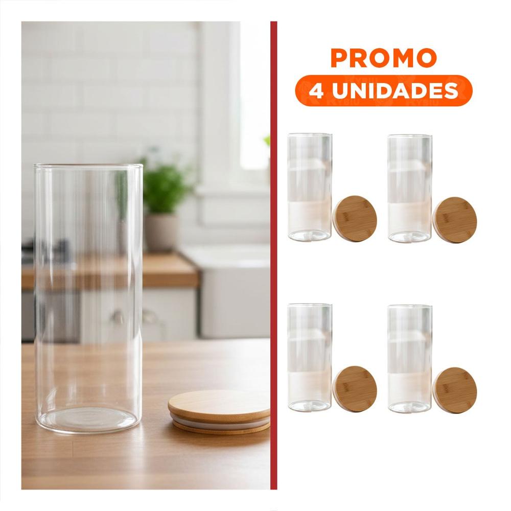 Pack4 Pote de Vidrio Circular 700ml Transparente con Tapa Madera Cocina