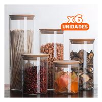 Pack6 Envase Hermetico de Vidrio 700ml Transparente con Tapa Madera Cocina