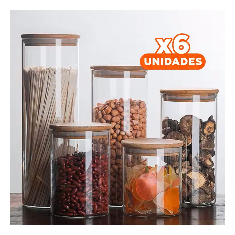Pack6 Envase Hermetico de Vidrio 700ml Transparente con Tapa Madera Cocina