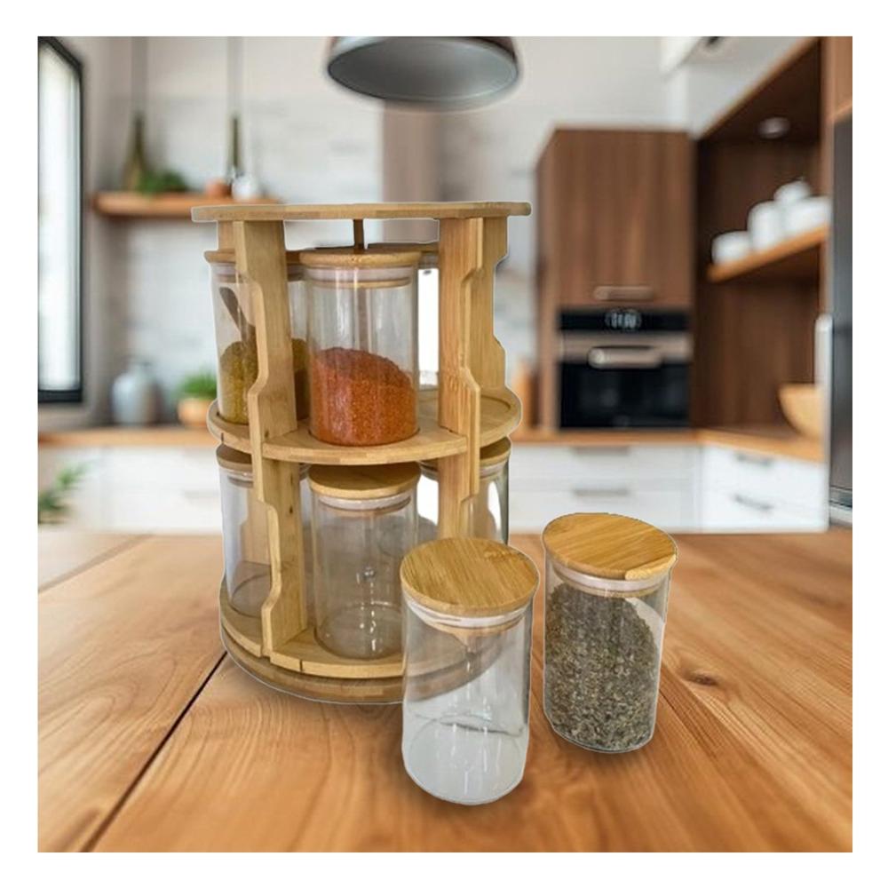 Dispensador de Especias Giratorio Circular con 10 Frascos y Base de Madera Y notas