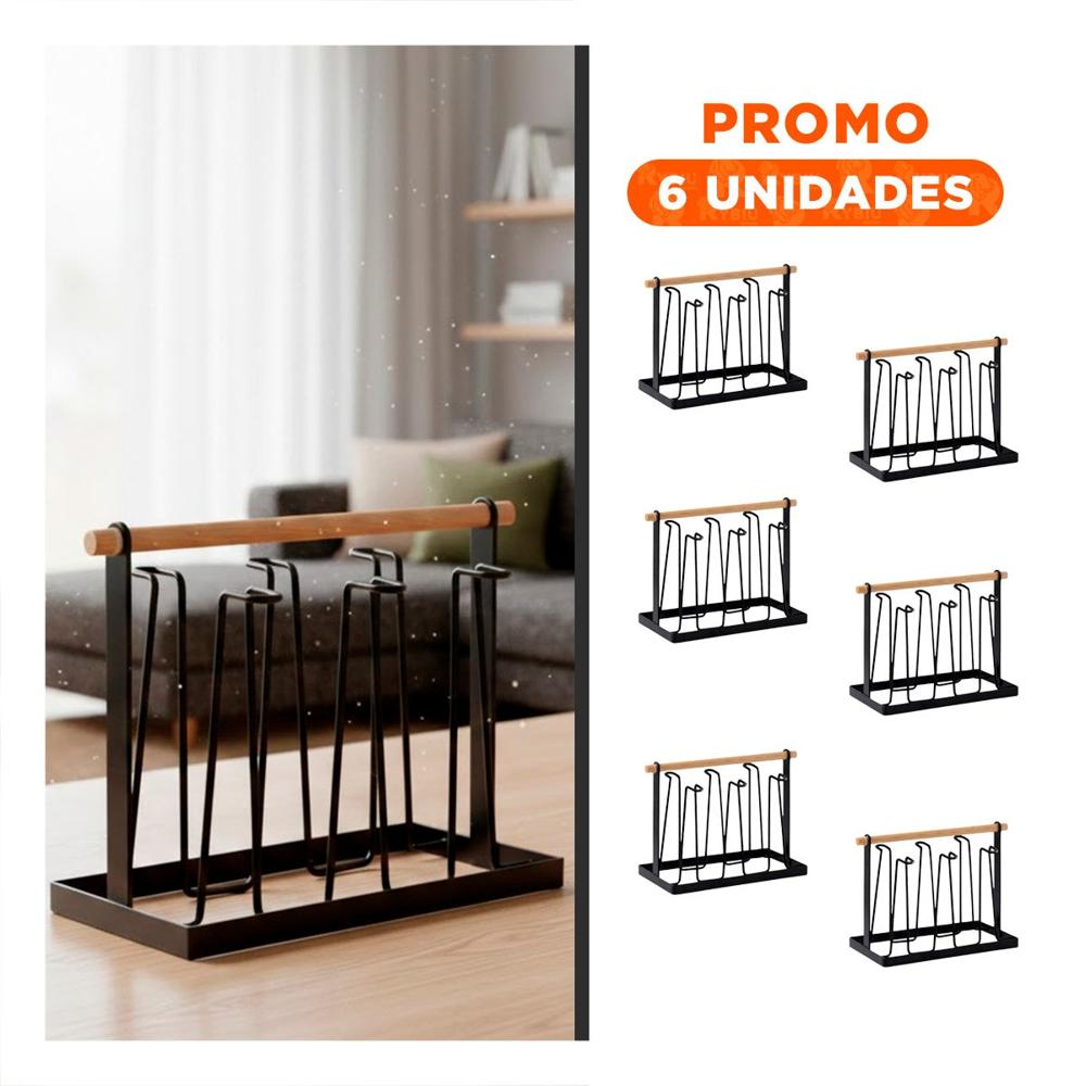 Pack6 Exhibidor de Tazas 6 Ramas Negro con Mango de Madera YRegalo Sticker