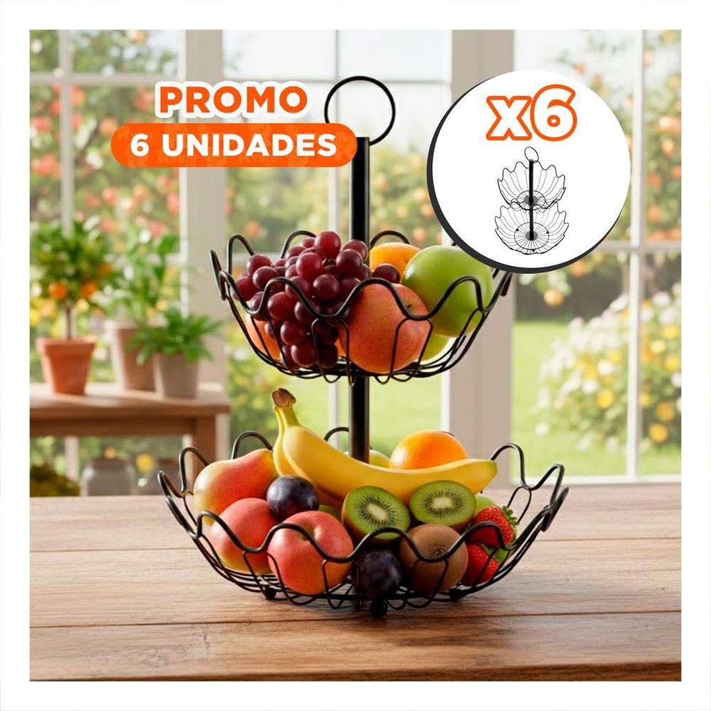 Pack6 Frutero Metal Color Negro 2 Pisos Circular con Ondas YPapel Regalo