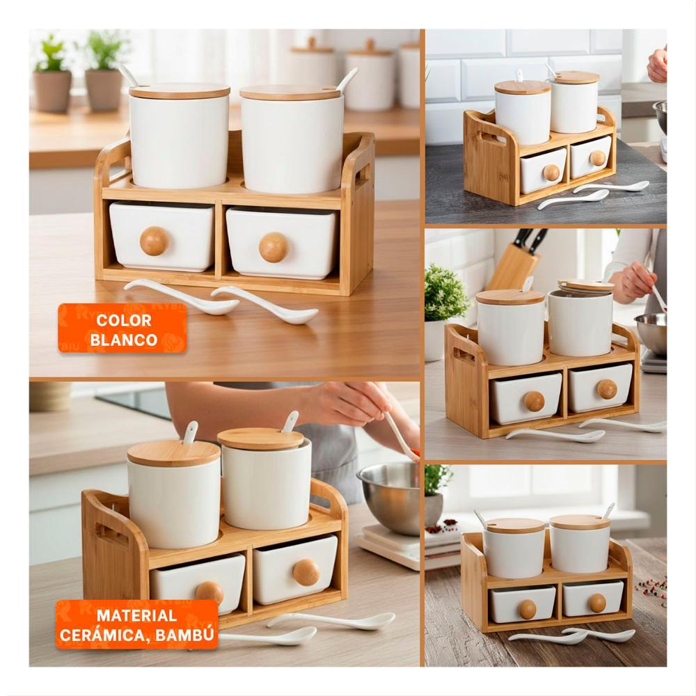 Set Blanco con 4 Recipientes Base Tapa Cuchara de 32x12cm para Guardar Alimentos Y Ligas Regalo