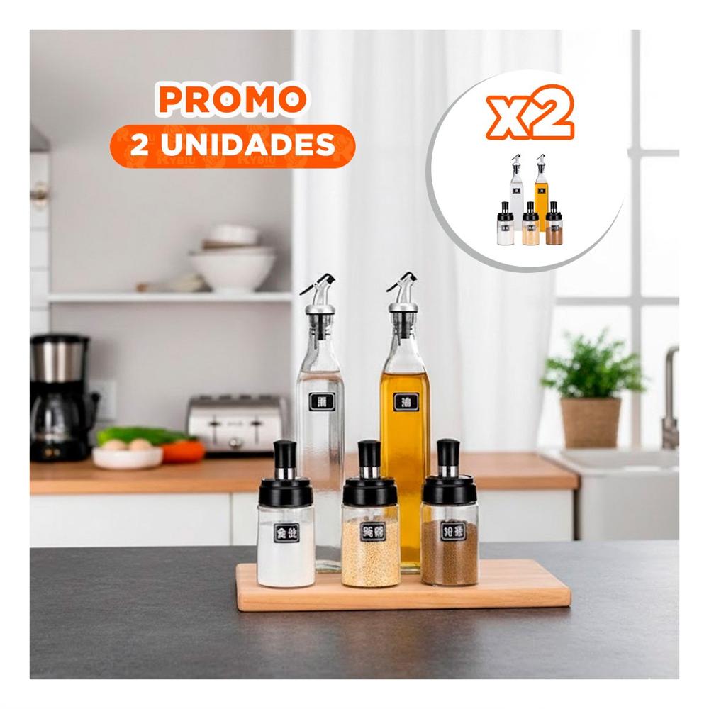 Pack2 Set 3 condimenteros y 2 Aceiteros de Pico Transparente para Cocina y Mesa Hogar