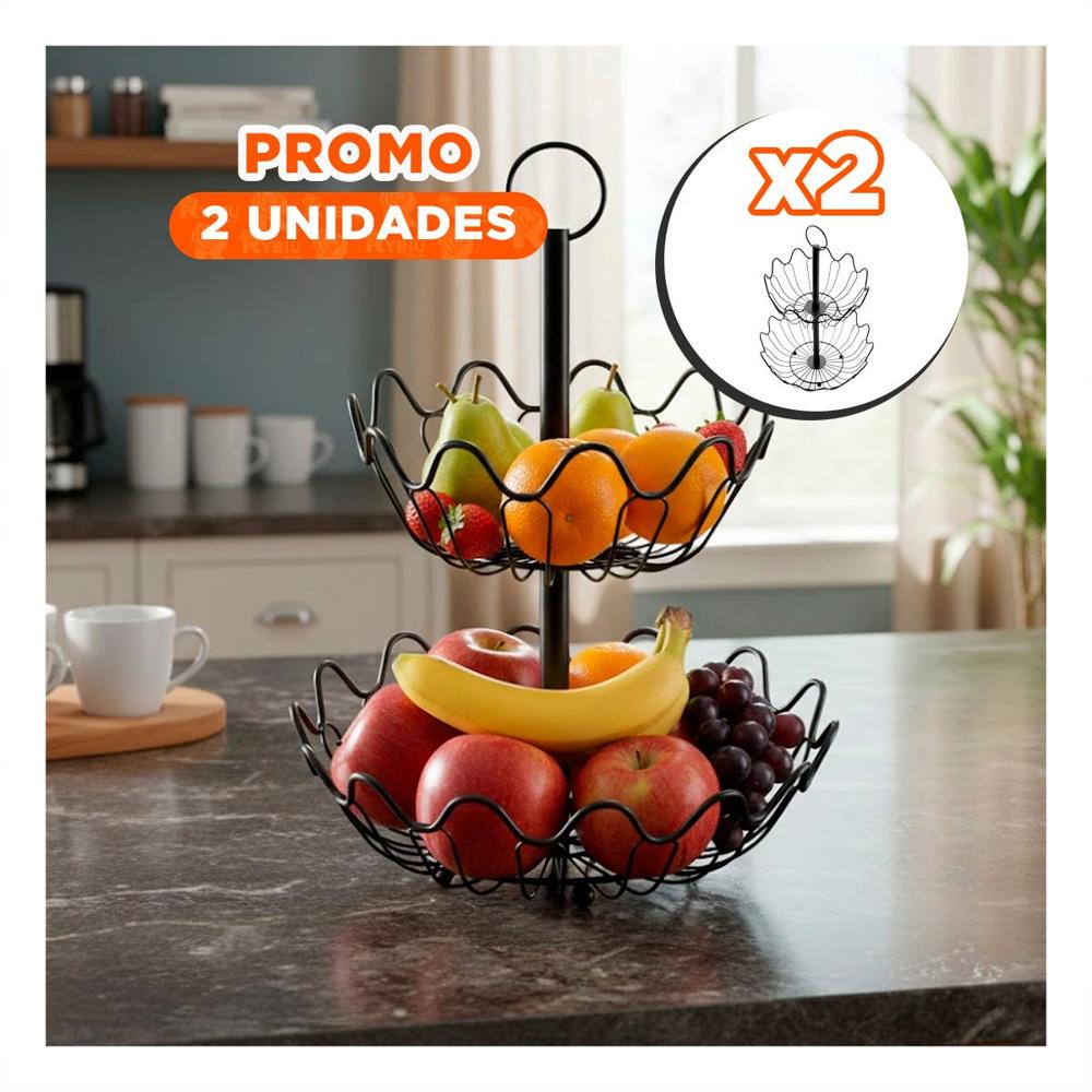 Pack2 Frutero de Cocina 2 Niveles Circular con Ondas Metal Color Negro