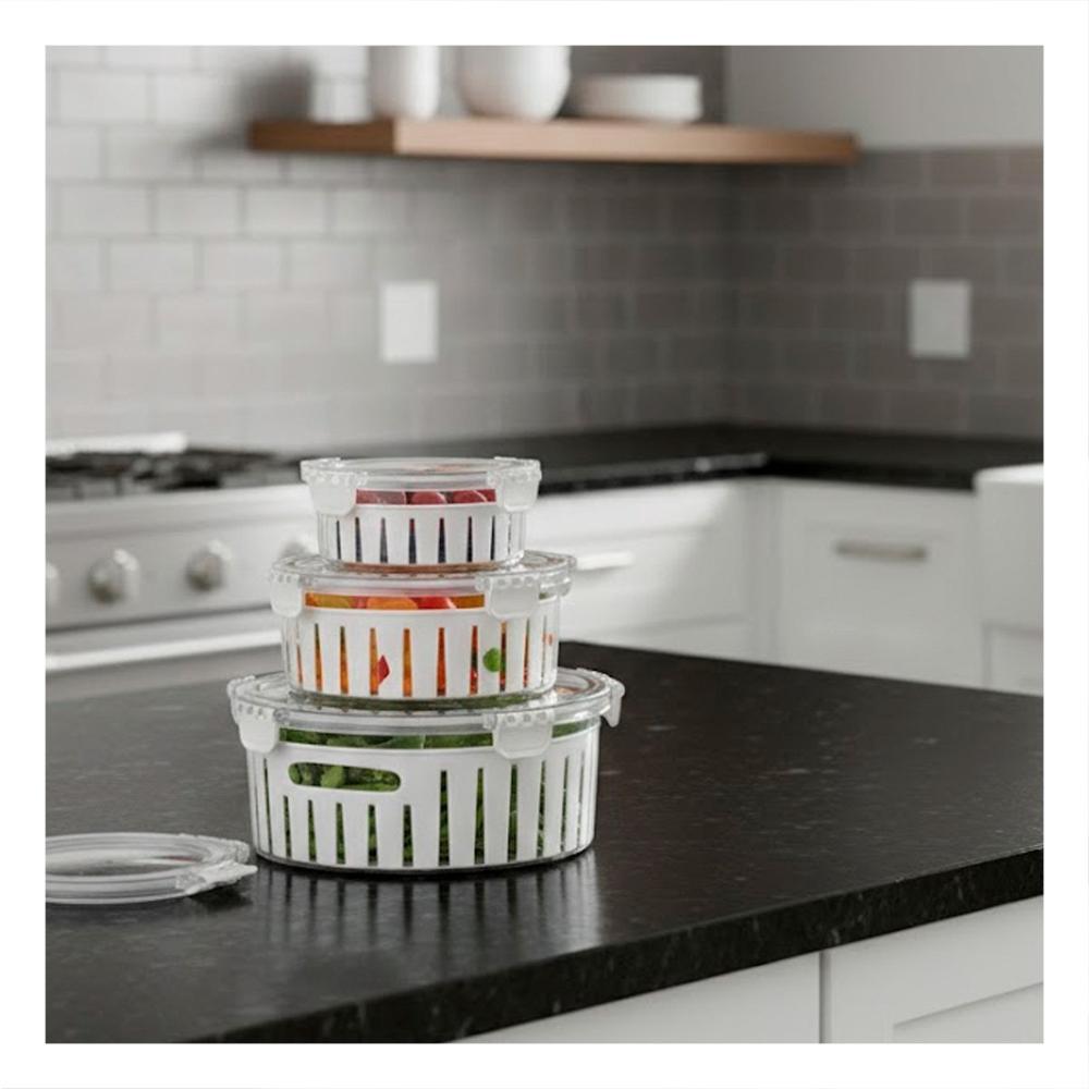 Recipiente Escurridor Circular 3 Piezas Transparente para Cocina