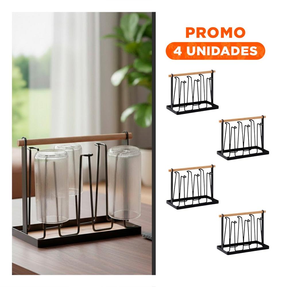 Pack4 Porta Tazas y Vasos 6 Ramas Negro con Mango de Madera