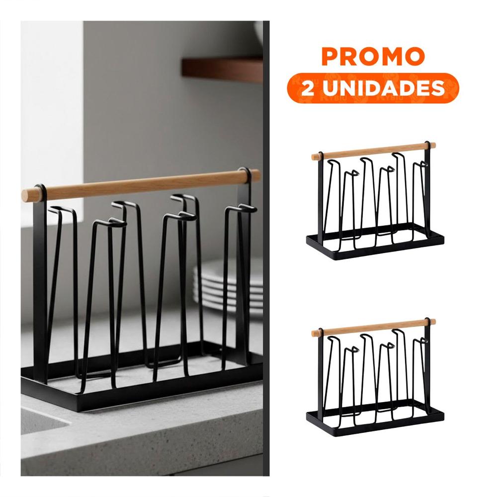 Pack2 Soporte de Cocina Porta Vasos 6 Ramas Negro con Mango Madera YRegalo Sticker