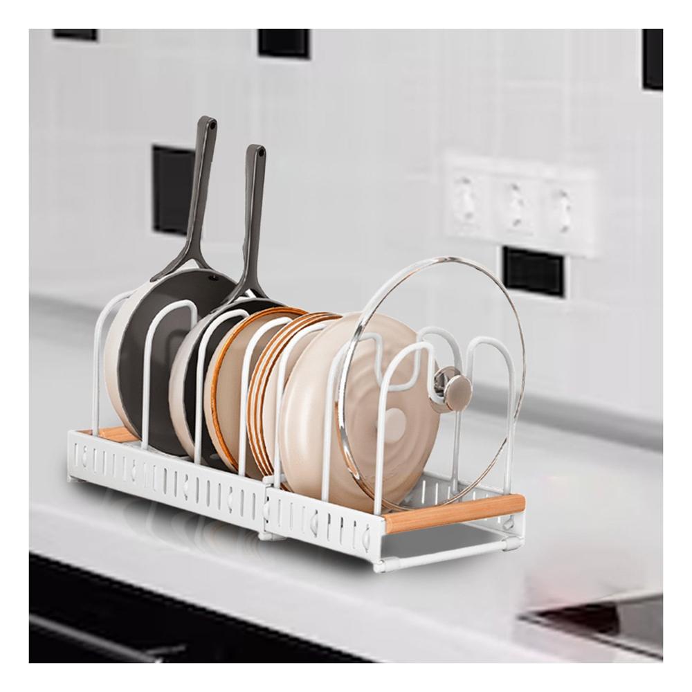 Soporte Organizador Expandible Blanco Borde Madera Uso Diario en Cocina y Mesa