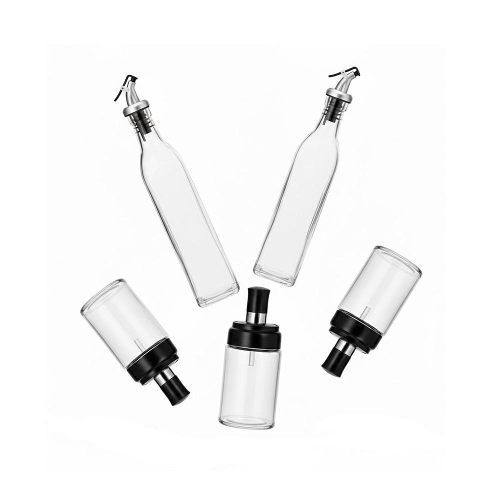 Juego 3 condimenteros y 2 Aceiteros de Pico Transparente para Cocina y Mesa YRegalo Sticker