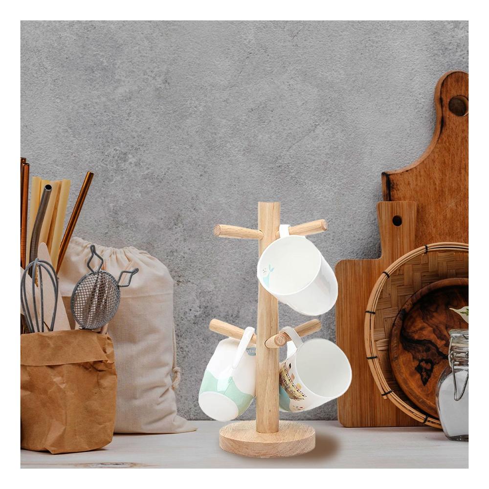 Soporte Multifuncional de Madera para 6 Tazas y Accesorios Y notas