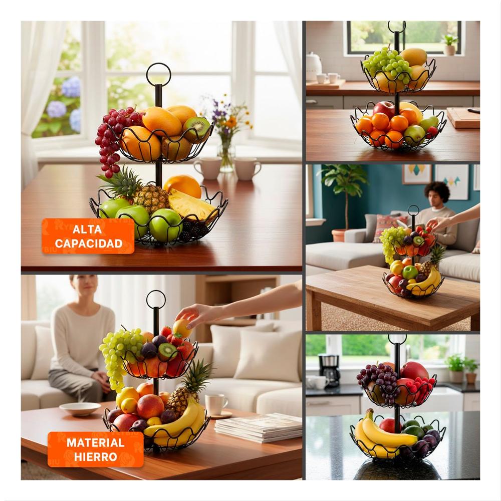 Frutero decorativo 2 Pisos Circular Ondulado Color Negro YLigas Regalo