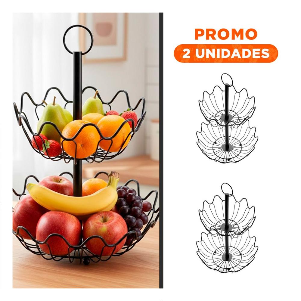 Pack2 Porta Frutas 2 Niveles Circular con Bordes Ondula2 Color Negro YRegalo Sticker
