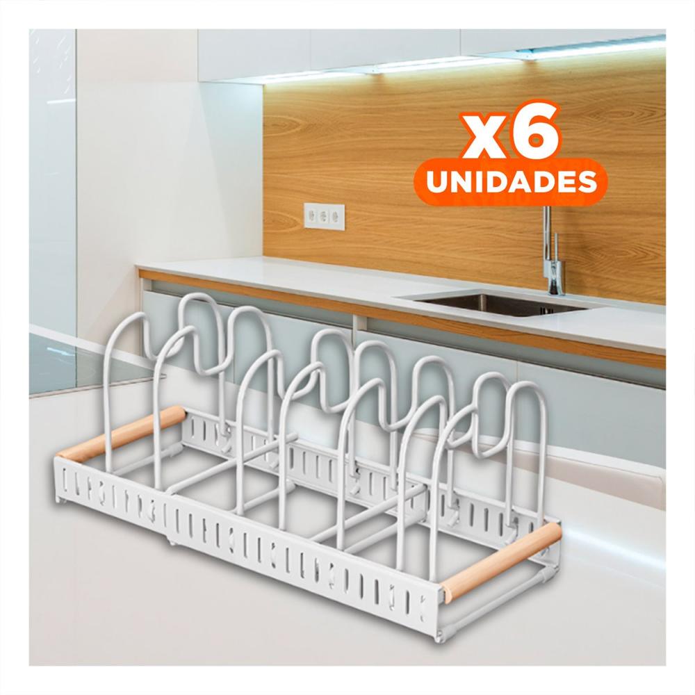 Pack6 Estante Ajustable Blanco Borde Madera Preparacion y Orden en Mesa Diaria