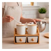 Set de 4 Recipientes Blanco Tapa Base Cuchara 32x12cm Cocina y Organización Y notas