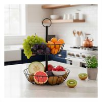 Frutero de 2 Niveles Circular Color Negro para Cocina Moderna y Hogar