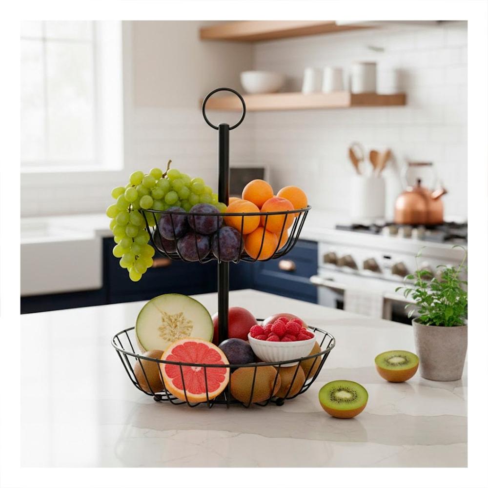Frutero de 2 Niveles Circular Color Negro para Cocina Moderna y Hogar