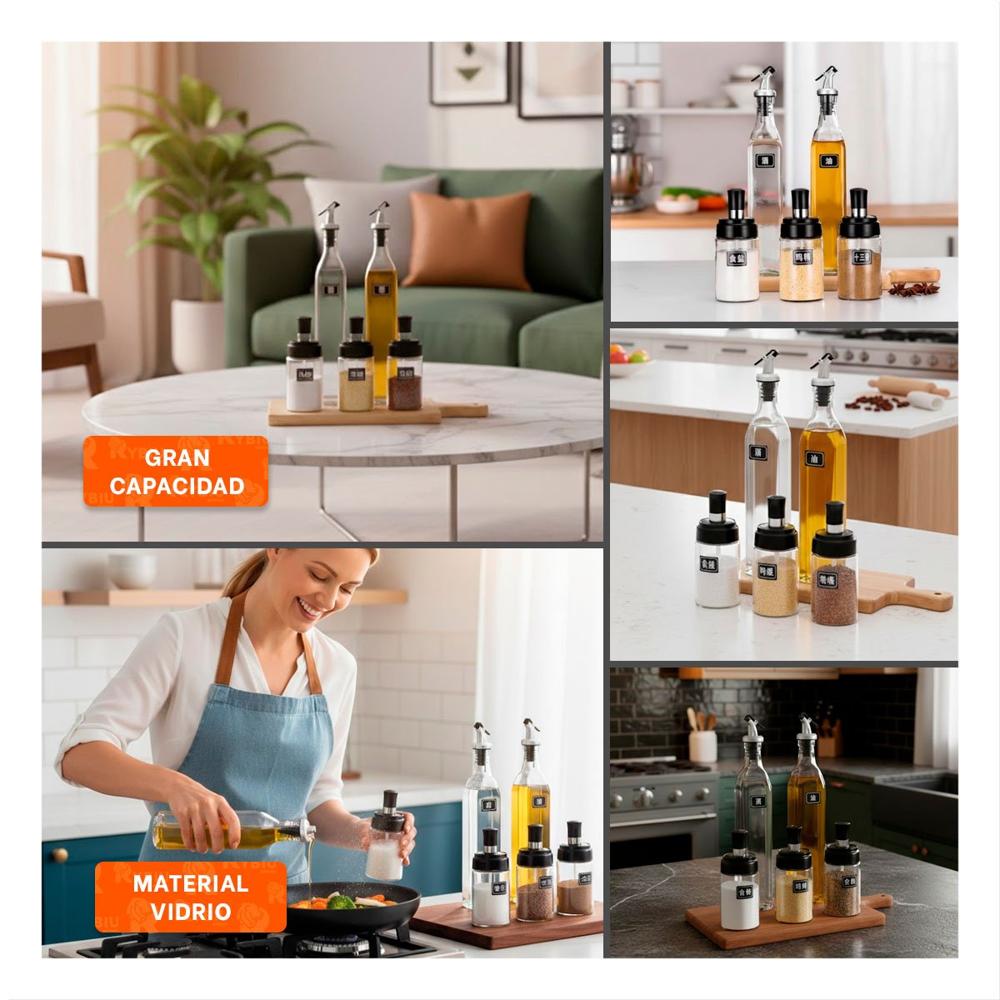 Combo 3 condimenteros y 2 Aceiteros de Pico Transparente Cocina y Organizador YLigas Regalo