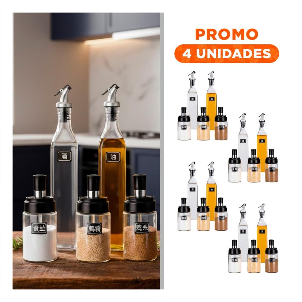 Pack4 Combo 3 condimenteros y 2 Aceiteros de Pico Transparente para Hogar Cocina y Mesa