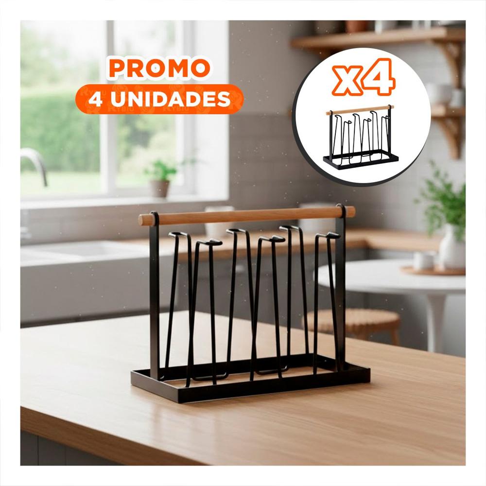 Pack4 Porta Vasos de Encimera 6 Ramas Negro Mango de Madera YRegalo Sticker