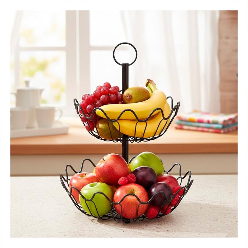 Frutero de 2 Niveles Circular con Diseno de Ondas Color Negro