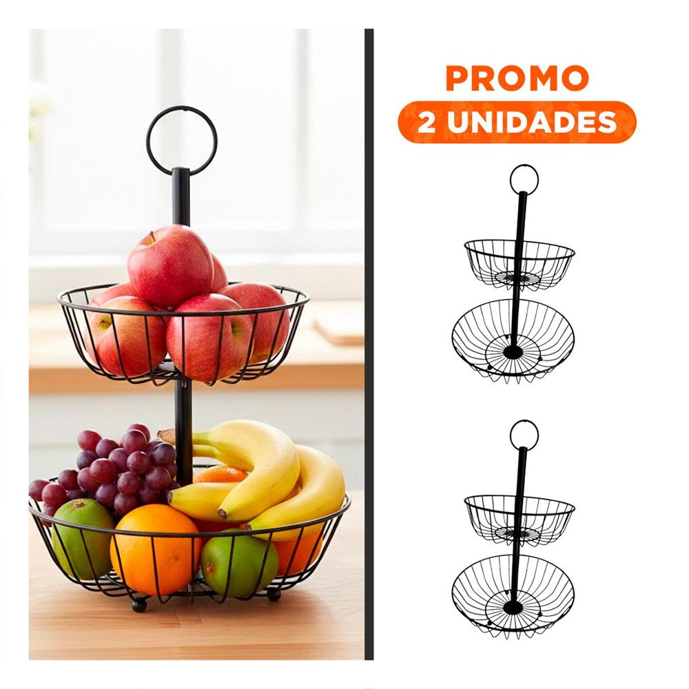 Pack2 Porta Frutas 2 Niveles Circular Metal Negro para Mesa YRegalo Sticker