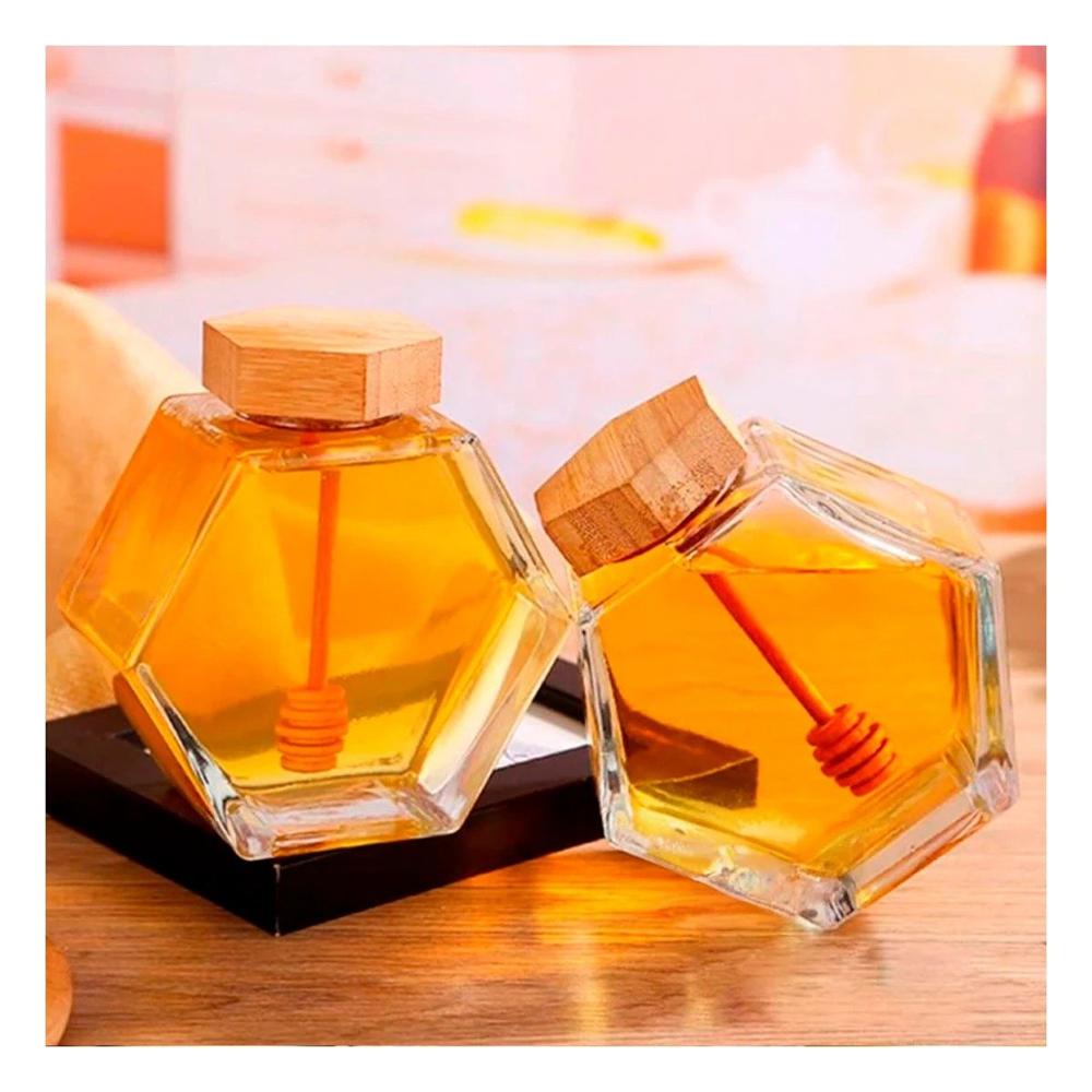 Frasco 380ml con Tapa de Madera en Vidrio Transparente para Servir Miel YPapel Regalo