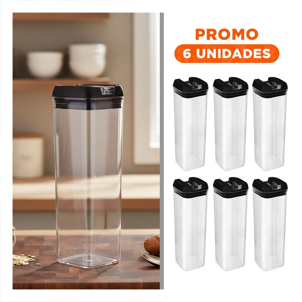Pack6 Recipiente Acrilico Cocina Organizada Tapa Palanca Negro 1900ml Y Regalo Sticker