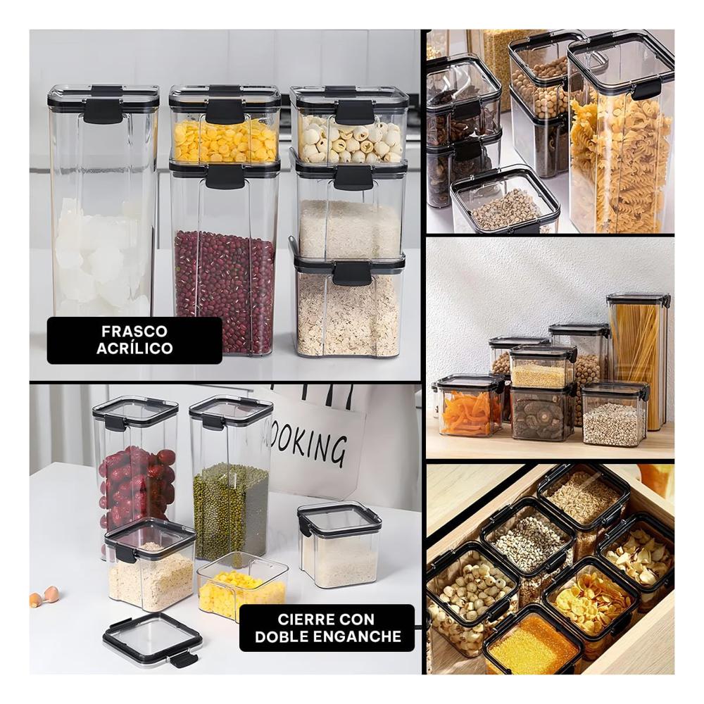 Frasco Acrilico Mantener Productos Frescos Tapa Borde Negro Set 6 Y Ligas Regalo
