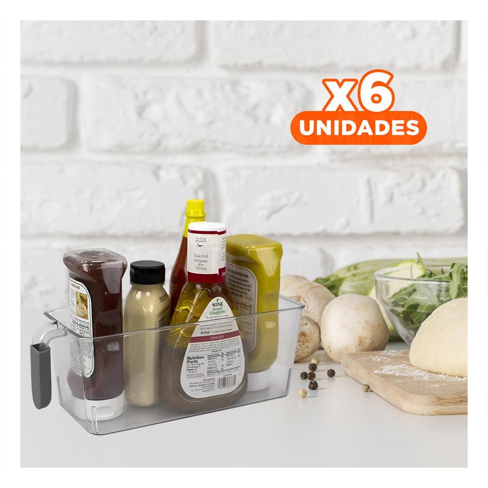 Pack6 Charola Multiuso Rectangular con Asa para Refrigerador Plomo