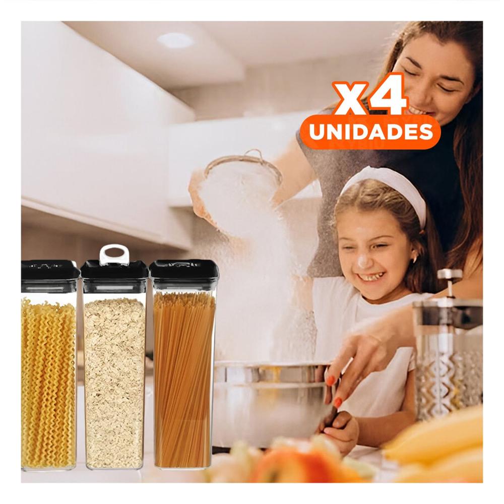Pack4 Tarro Acrilico Mantener Alimentos Frescos Tapa Palanca Negro 1900ml Y Papel Regalo