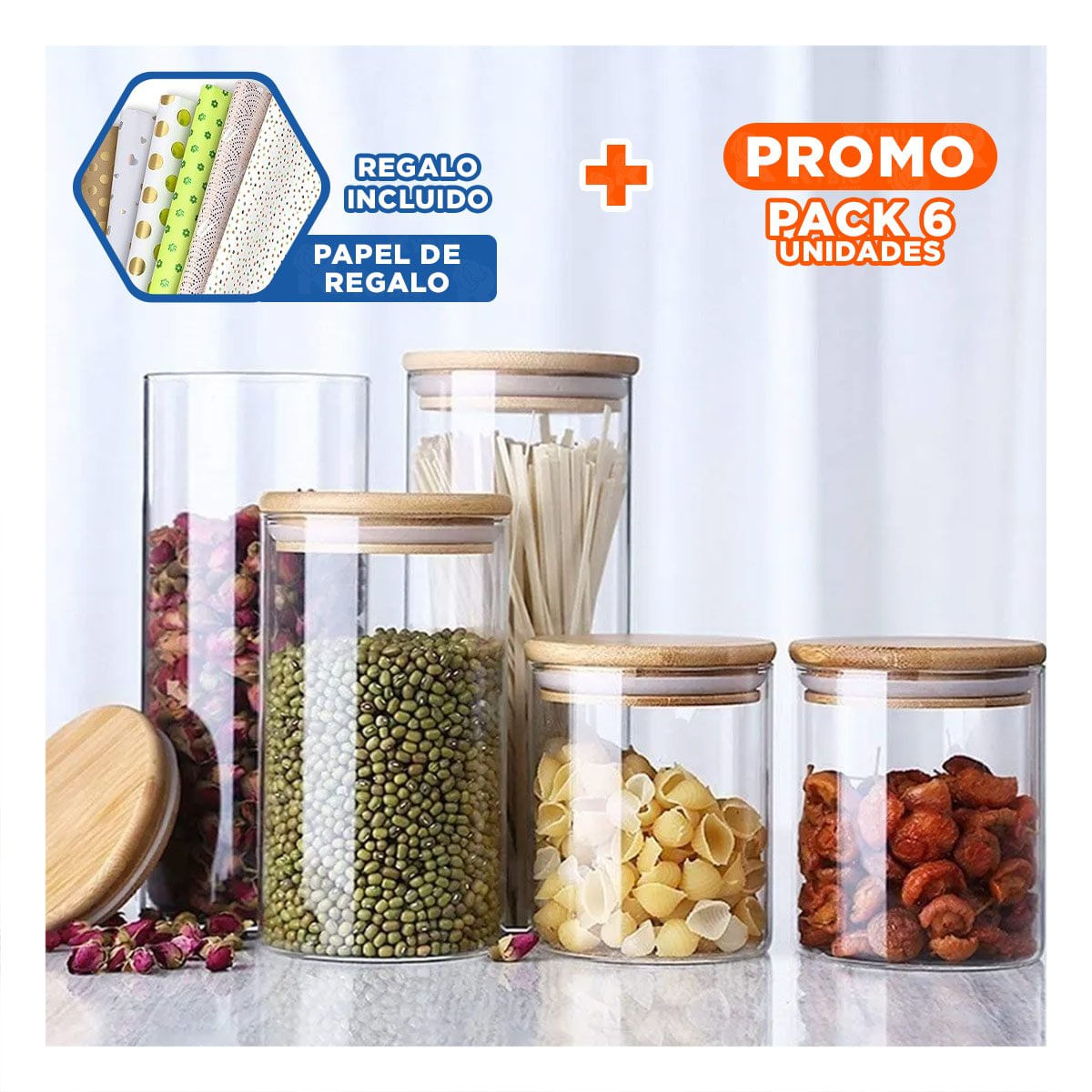 Pack6 Envase de Vidrio Transparente 700ml con Tapa Madera Cocina Y Papel Regalo