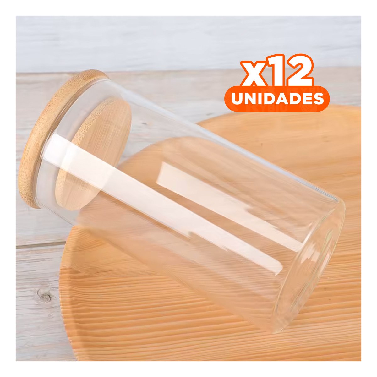 Pack12 Contenedor de Vidrio Transparente 700ml con Tapa Madera Cocina