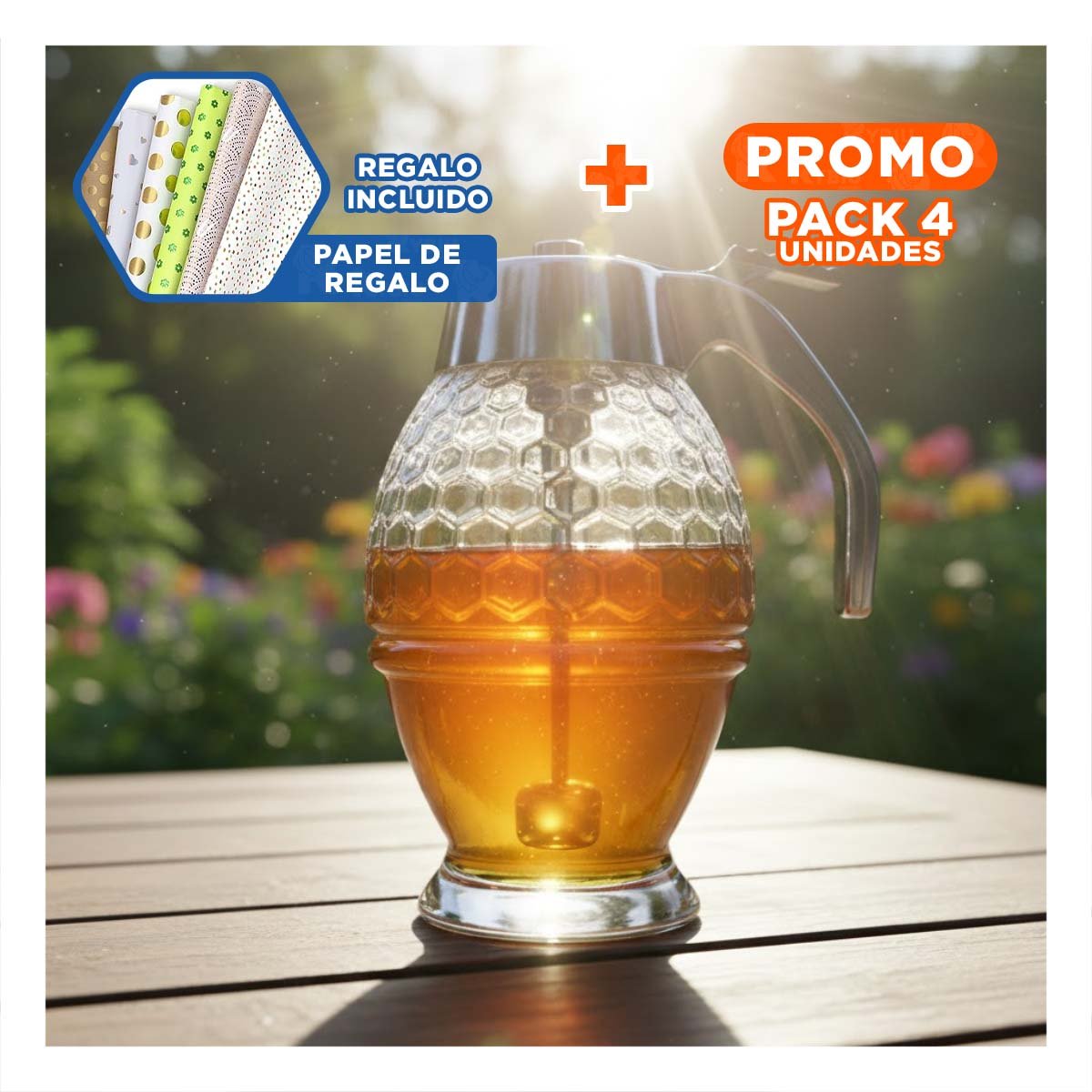 Pack4 Bote de vidrio mielero 200ml transparente para cocina y mesa
