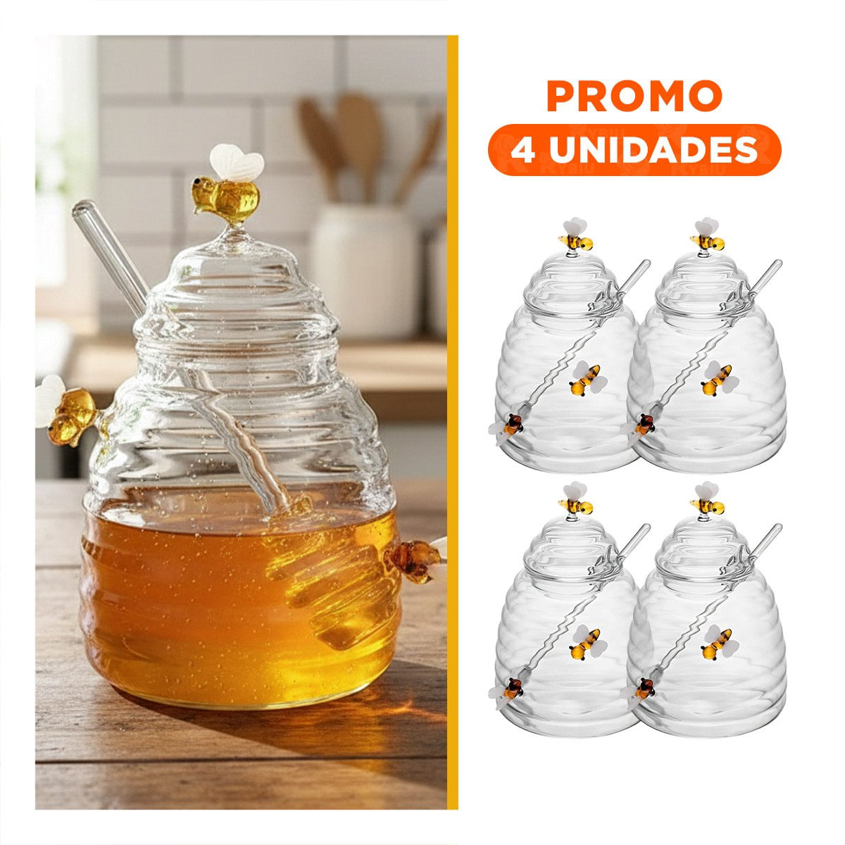 Pack4 Tarro Mielero Transparente con Relieve de Panal y Abejas para Hogar