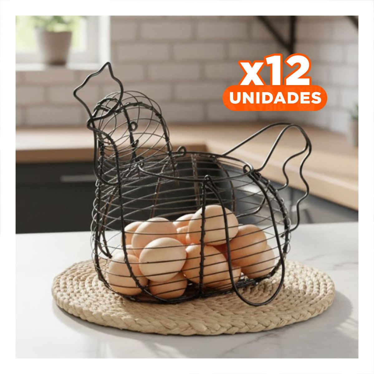Pack12 Canasta para Huevos con Asa Negro con Gallina Hogar Decoracion y Papel Regalo