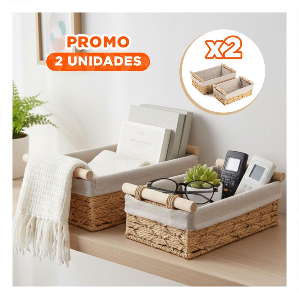 Pack2 Cesta Rectangular de Tela con Asas Externas de Madera Mostaza 24.5x14.5cm