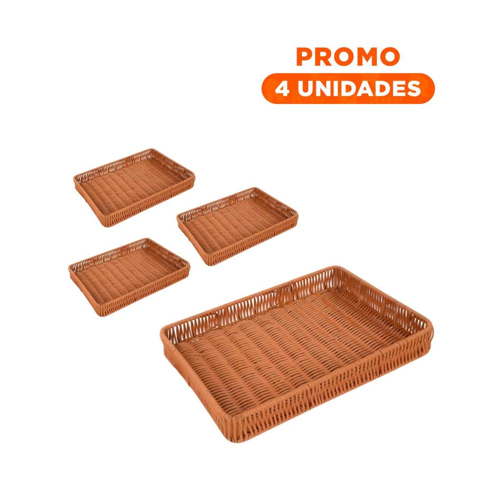 Pack4 Canasta Rectangular de Plastico Tejido 34x24x4cm de Color Neutro para Interiores