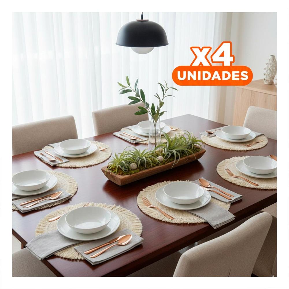 Pack4 Cubremesas con Trama Tejida Circular Flecos Beige en Set de 6 Y Papel Regalo