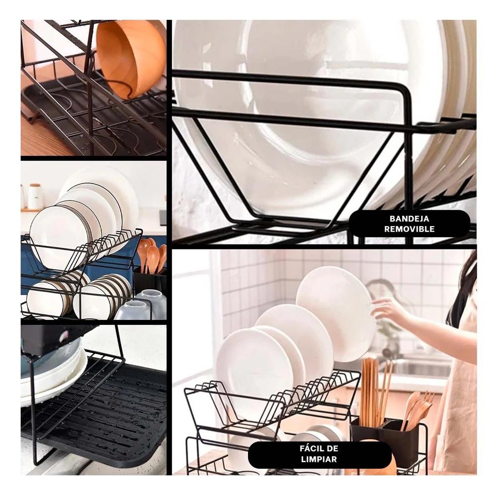 Escurridor de Platos Negro con Sistema de 2 Niveles y Bandeja Y Ligas Regalo