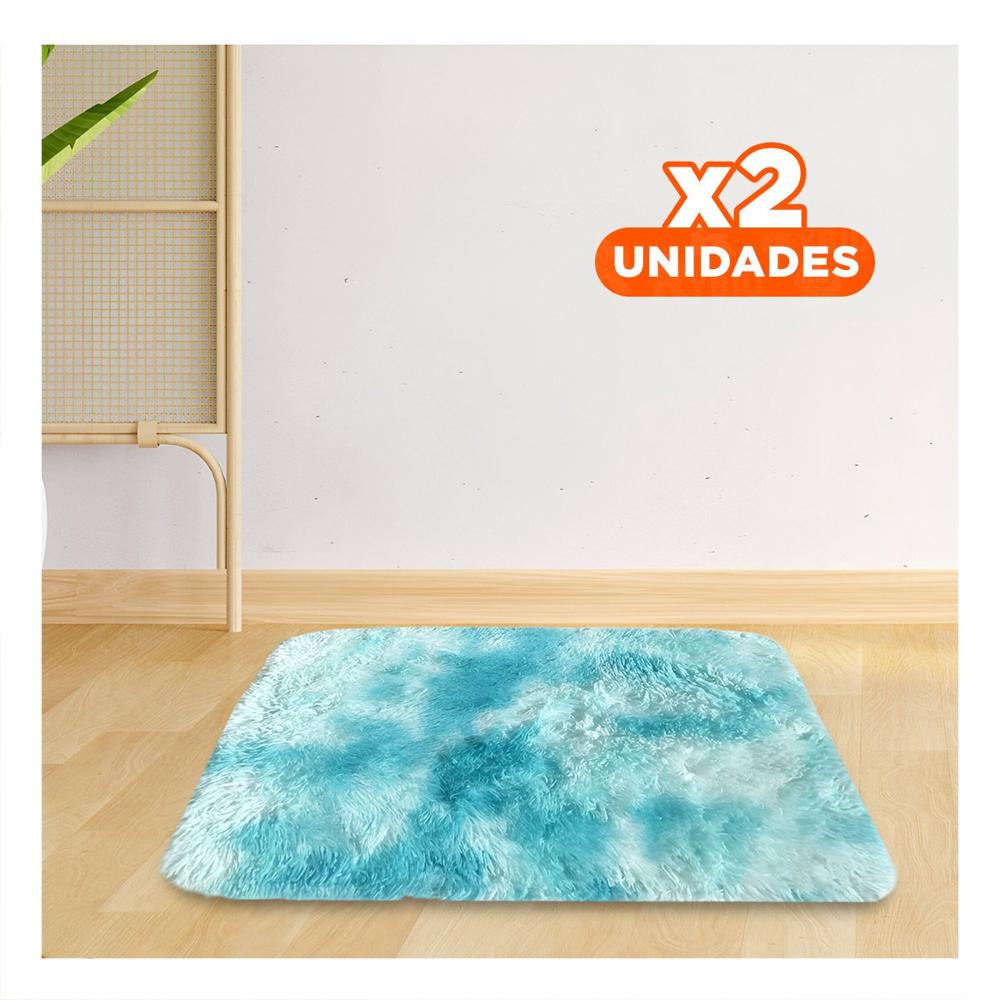 Pack2 Tapete de Textura Peluche Rectangular Celeste y Blanco Dimensiones 40x60cm