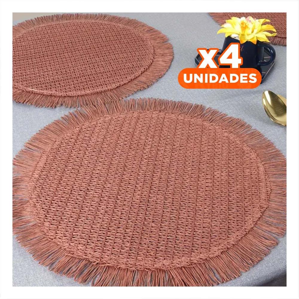 Pack4 Cubremesas con Trama Tejida Circular Flecos Rosado en Set de 6 Y Papel Regalo
