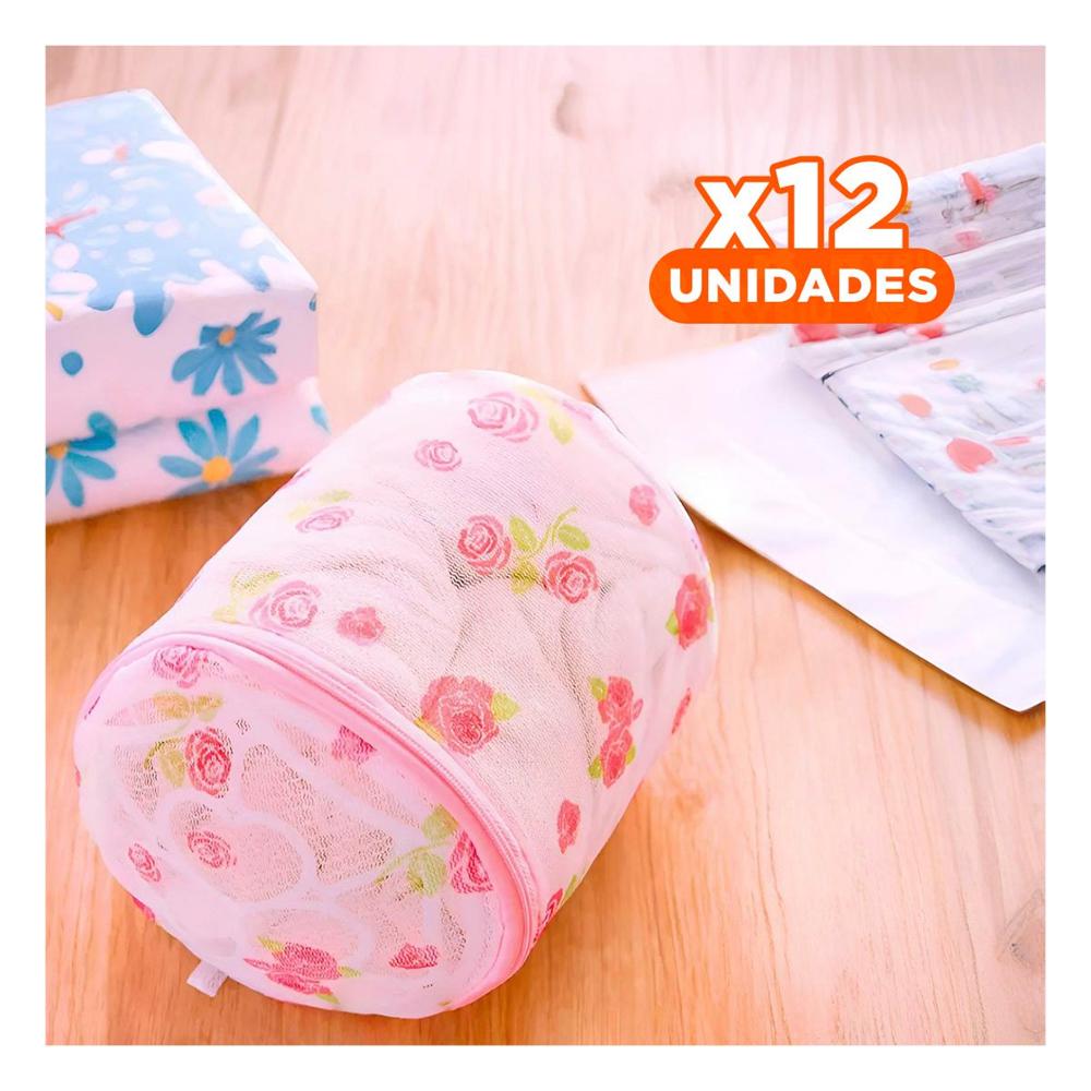 Pack12 Saco Malla para Lavar Ropa Diseno Cilindro Blanco con Flores Suave Y Papel Regalo